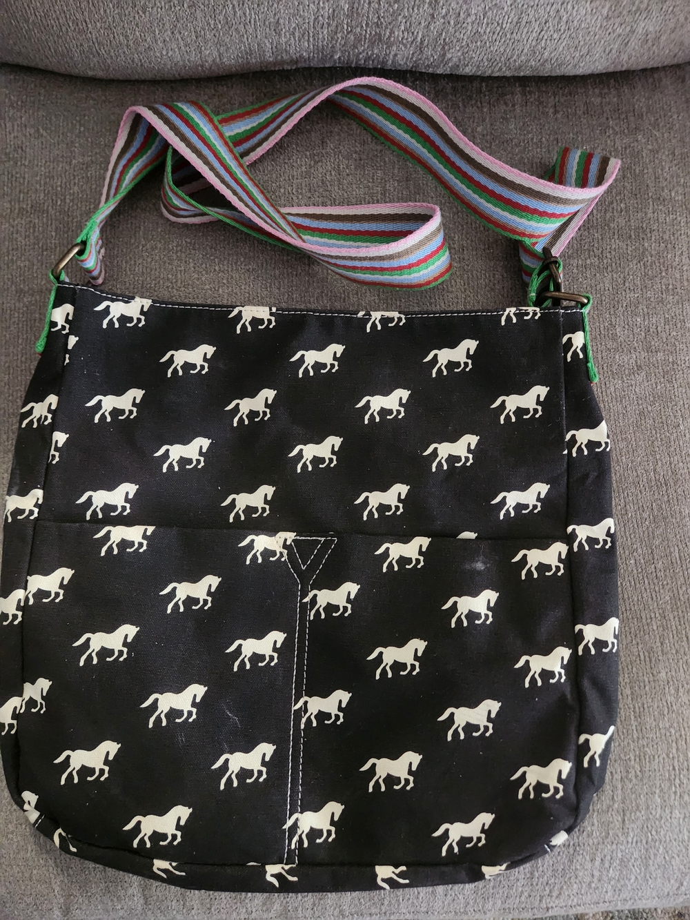 Miss Lulu Black Horse-Print Crossbody Bag with Multicolor Striped Strap